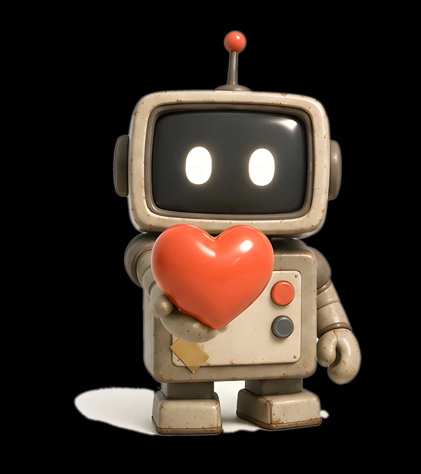 A small retro robot holding out a coral heart