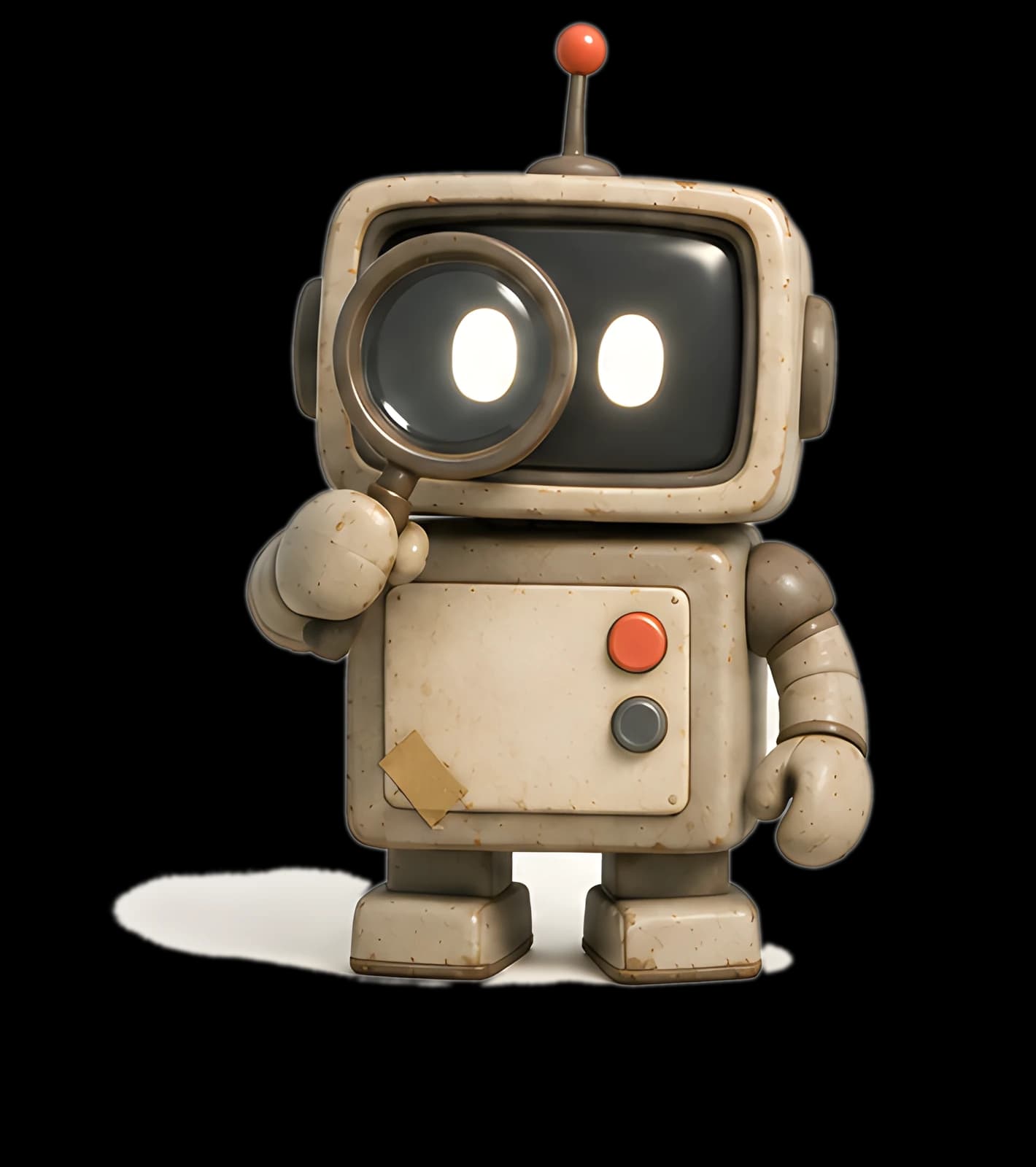 A small retro robot holding a magnifying glass